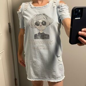 Vintage Distressed Denim Cold Shoulder Dress with pockets Size Small